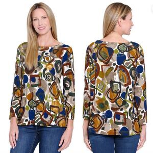 Ali Miles Knit Printed Round Neck 3/4 Sleeve Side Seam Pockets Tunic PL Artsy